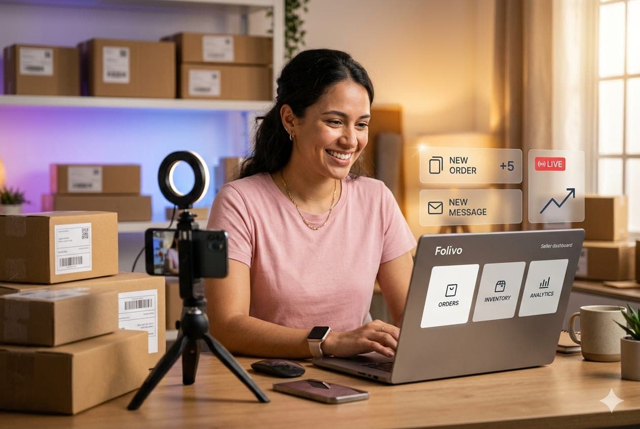 A seller managing orders on a laptop with shipping boxes nearby and notifications for new orders and messages.